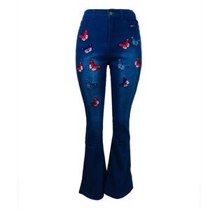 HengSheng Jeans Blue Flare Jeans with Colorful Butterfly Embroidery